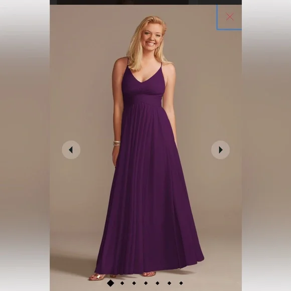 Davids Bridal Plum mesh cross waist spaghetti strap bridesmaid dress
